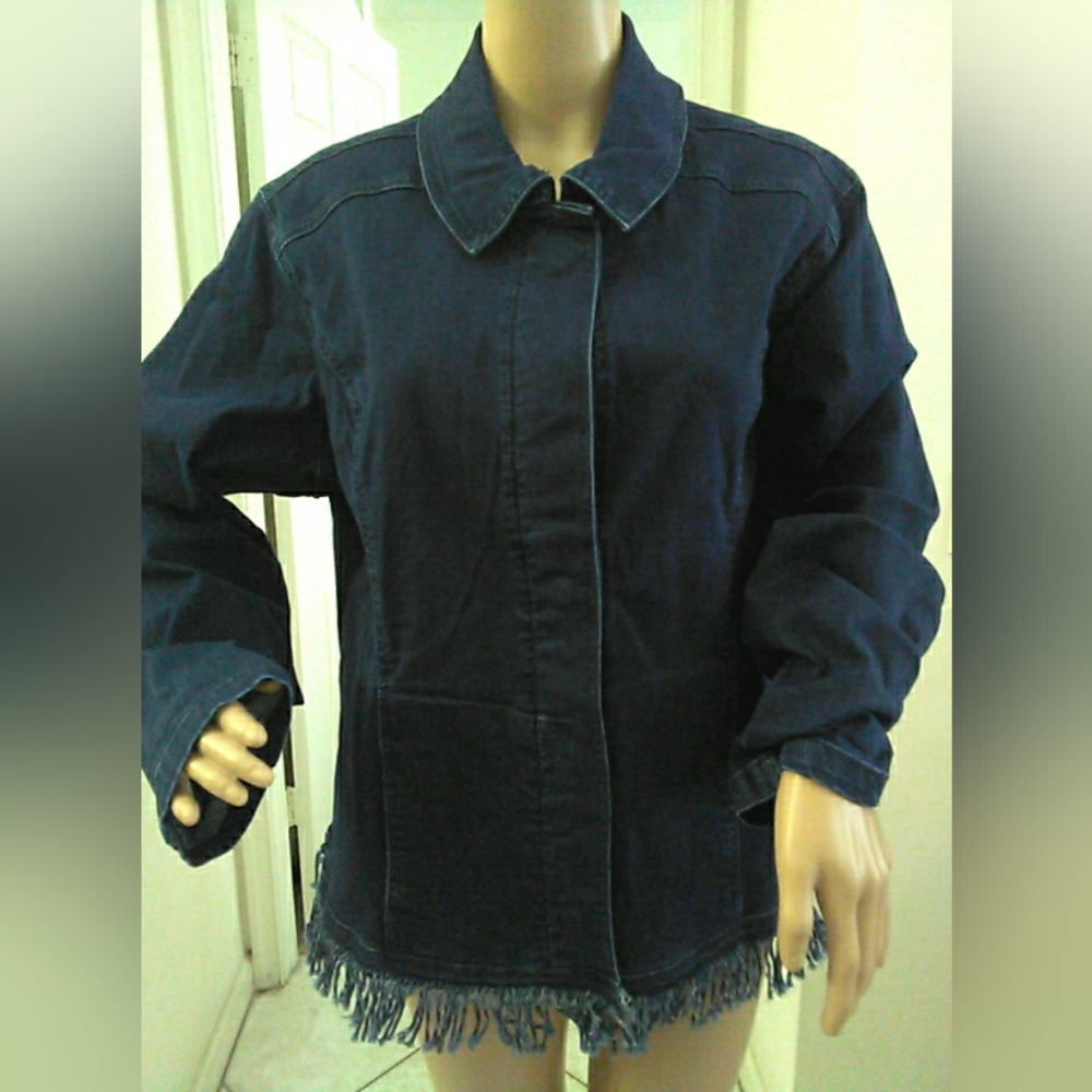 Nwot Ethyl Navy Fringe Hem Women's Jacket Sz. LG Great Material SNAPS Fun!